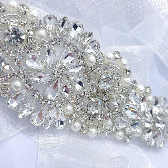Rhinestone Pearl Beaded Bride Bridal Belt Wedding Dress Sash White Long Plus NWT - Picture 3 of 11